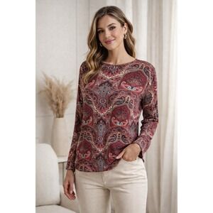 TALBOTS Merino Wool Sweater Sz L Red Tribal Valentines Boho